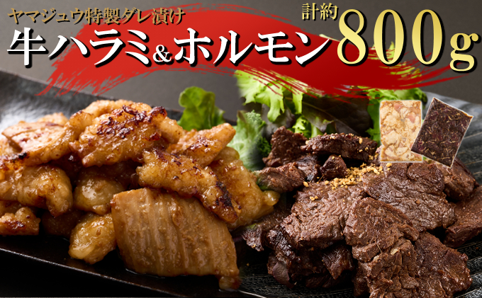 ヤマジュウの特選タレ漬け！牛ハラミ肉５００g＆国産牛ホルモン３００ｇ