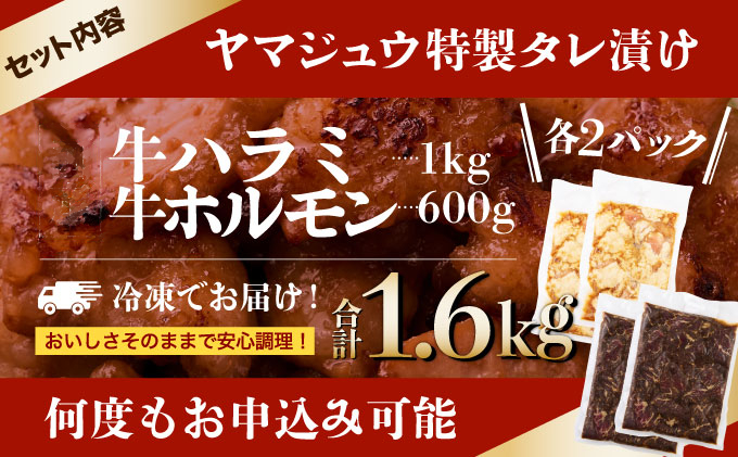 ヤマジュウの特選タレ漬け！牛ハラミ肉１ｋｇ＆国産牛ホルモン６００ｇ