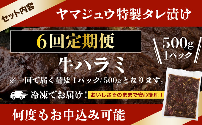 ヤマジュウの特製タレ漬け！牛ハラミ肉５００ｇ【６回定期便】 頒布会