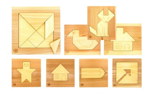 木のおもちゃ パズル ヒノキのタングラム + パズル土台 全種 セット 山のくじら舎 木製 木 おもちゃ 知育玩具 男の子 女の子 ギフト プレゼント 贈り物 贈答 お祝い 出産祝い 誕生日祝い 日本製 手作り てづくり 高知県 国産 ヒノキ 図形パズル タングラム 頭の体操 指先トレーニング シニア おじいちゃん おばあちゃん 孫 ガイドブック付き 1セット 7個 7種 安芸市 高知県