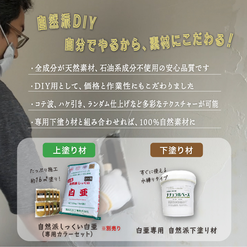 自然派しっくい白亜専用 下塗り材 ナチュラルベース mini 水練り 9kg[16平方メートル] | DIY 初心者 簡単 しっくい 漆喰 こだわり 自然素材 リノベ クラフト 安心 塗り壁 高知県 南国市