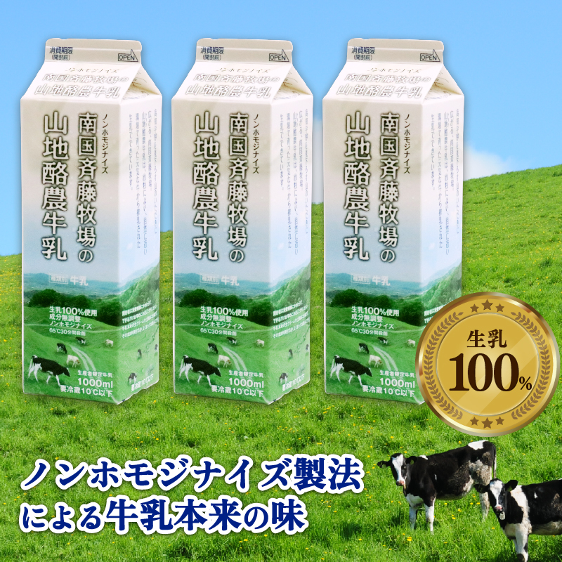 【定期便】山地酪農牛乳1L×3本【週1回配送／12回】【低温殺菌 自然放牧 こだわり おいしい 牛乳 ミルク 朝食  人気 おすすめ 高知県 南国市】