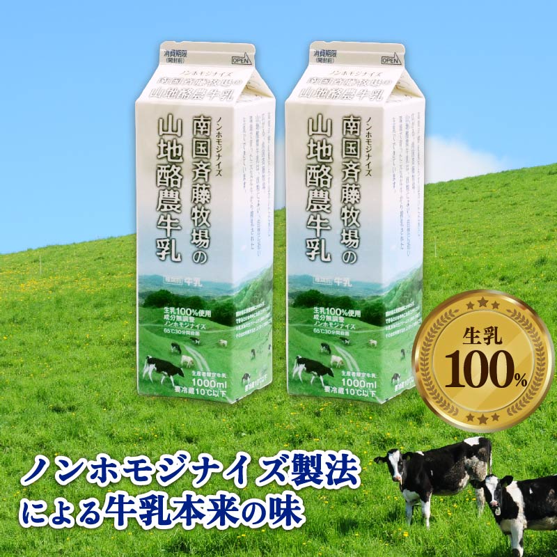 【6か月定期便】山地酪農牛乳1L×2本【バターができる 低温殺菌 生乳100％ 成分無調整牛乳 ノンホモジナイズ製法 お菓子作り ぎゅうにゅう ミルク 南国斉藤牧場 高知県 南国市】