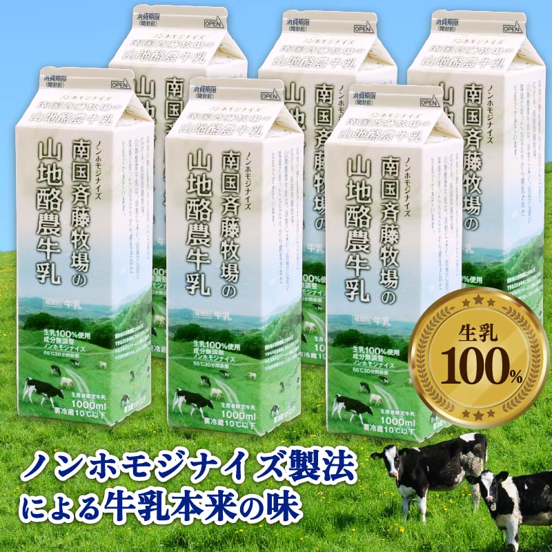 【3か月定期便】山地酪農牛乳1L×6本【バターができる 低温殺菌 生乳100％ 成分無調整牛乳 ノンホモジナイズ製法 お菓子作り ぎゅうにゅう ミルク 南国斉藤牧場 高知県 南国市】
