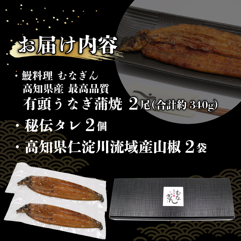 うなぎ蒲焼 約170g×2尾 高知県産 最高品質 合計約340g たれ 山椒 国産 鰻 かば焼 土佐焼 うな丼 うな重 高知県 南国市