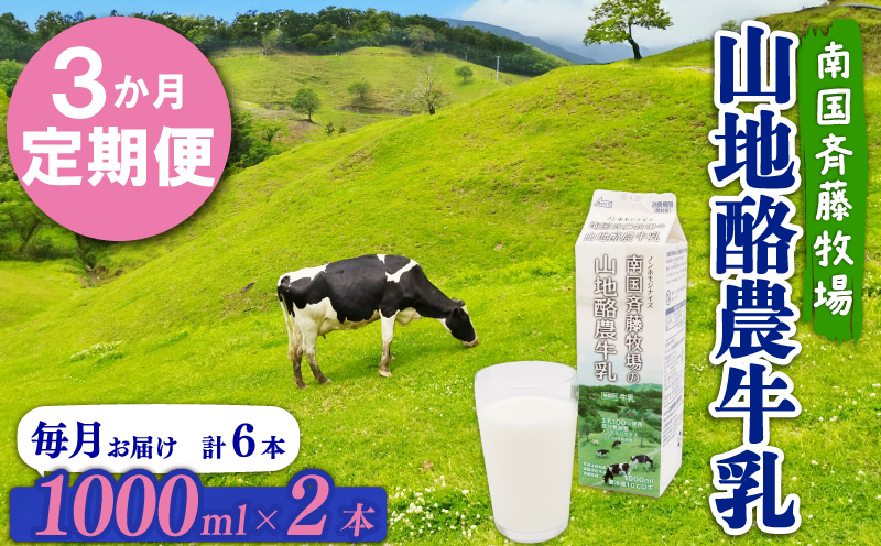 【3か月定期便】山地酪農牛乳1L×2本【バターができる 低温殺菌 生乳100％ 成分無調整牛乳 ノンホモジナイズ製法 お菓子作り ぎゅうにゅう ミルク 南国斉藤牧場 高知県 南国市】