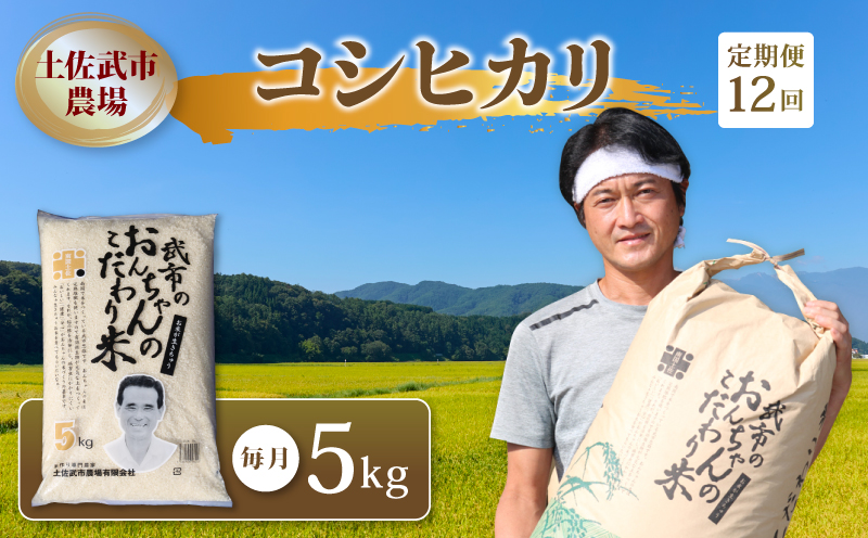 【先行予約】 新米 【お米定期便】 コシヒカリ 白米 【12回】 5キロ 5㎏ 数量限定 米 コメ お米 精米 ご飯 おにぎり こめ ライス 令和8年度 農家直送 産地直送 ふるさと納税 高知県 南国市