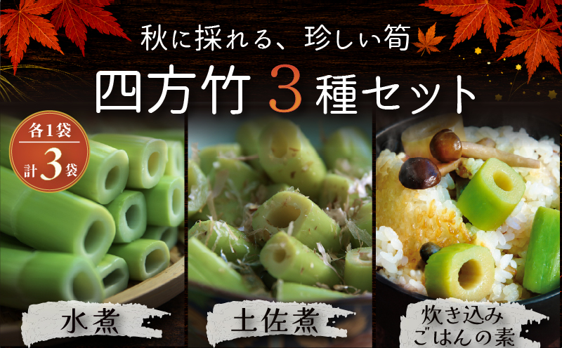 【8月までの受付限定】 国産 四方竹 づくし 3種セット 水煮 土佐煮 炊き込みごはんの素 計3袋 (2026年11月～発送) | 筍 たけのこ 竹の子 タケノコ 先行予約 珍味 希少 煮物 炊き込みご飯 天ぷら 炒め物 鰹だし 醤油 簡単調理 常温 高知 南国市