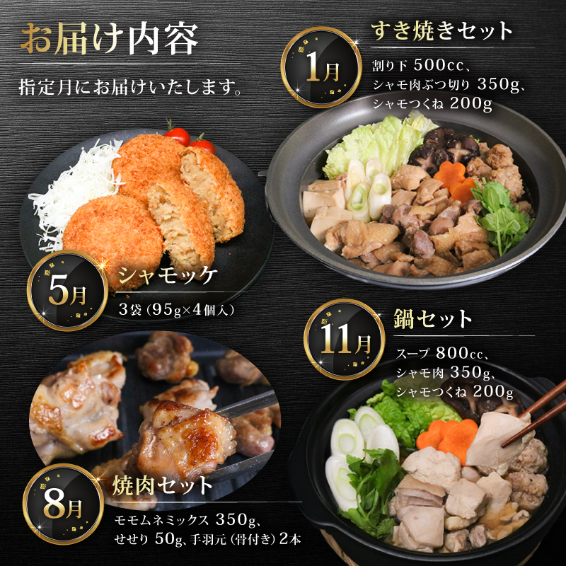 【4種定期便】ごめんケンカシャモ4種 (鍋・すき焼き・焼肉・シャモッケ) | 鍋 鍋セット お鍋 すき焼きセット 焼肉セット コロッケ ギフト 冷凍 しゃも シャモ 軍鶏 国産鶏肉 チキン とりにく 鶏肉 国産鶏