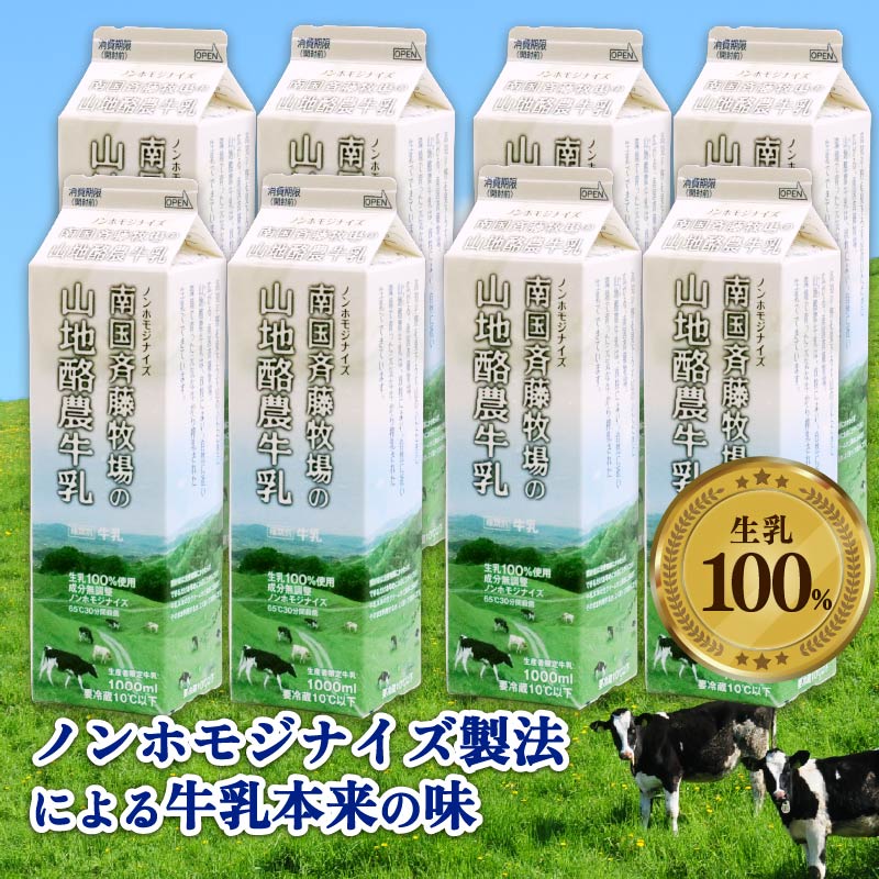 【3か月定期便】山地酪農牛乳1L×8本【バターができる 低温殺菌 生乳100％ 成分無調整牛乳 ノンホモジナイズ製法 お菓子作り ぎゅうにゅう ミルク 南国斉藤牧場 高知県 南国市】