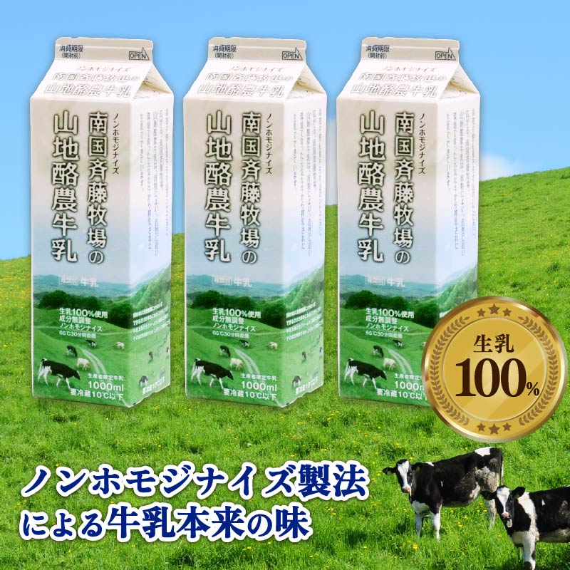 【3か月定期便】山地酪農牛乳1L×4本【バターができる 低温殺菌 生乳100％ 成分無調整牛乳 ノンホモジナイズ製法 お菓子作り ぎゅうにゅう ミルク 南国斉藤牧場 高知県 南国市】