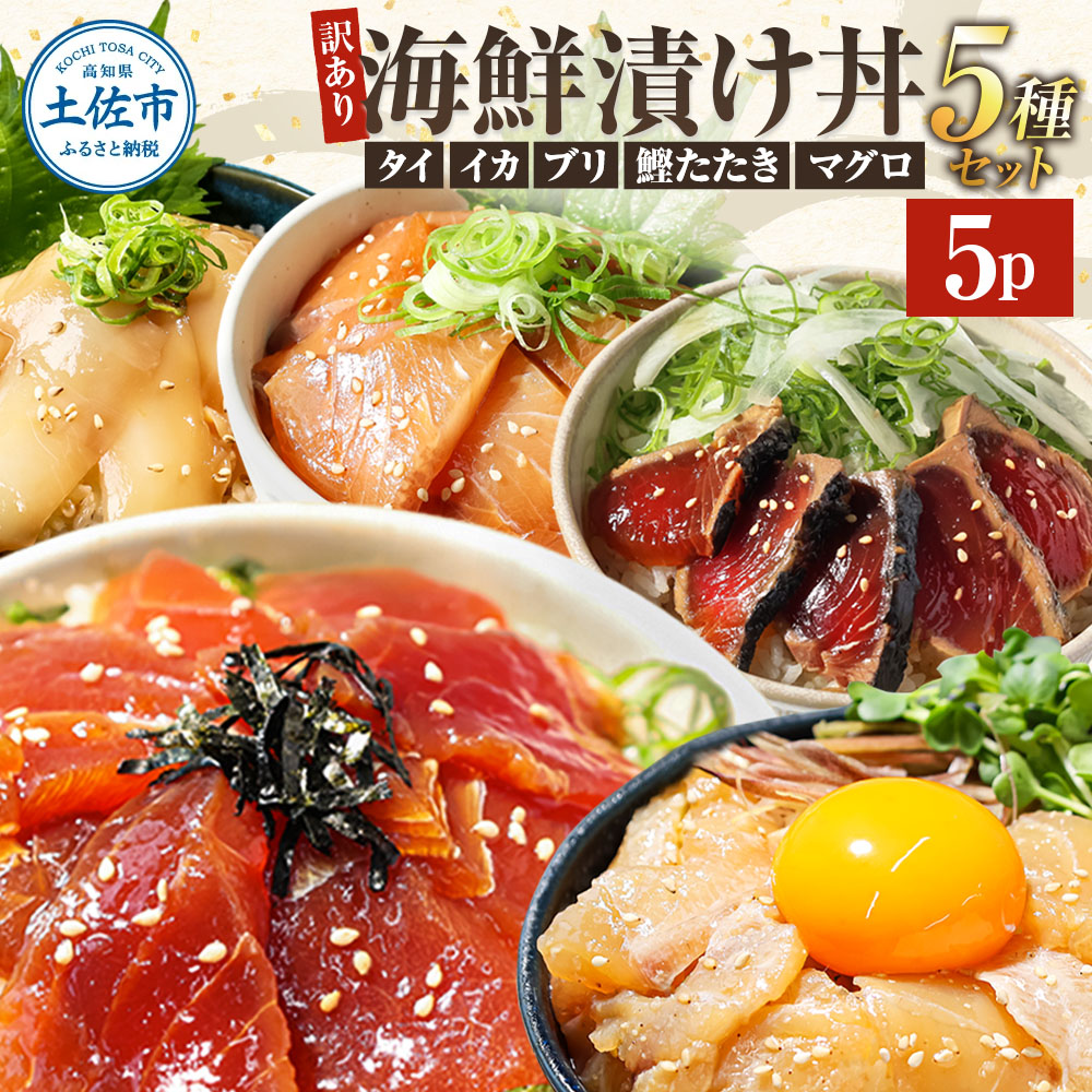 訳あり 海鮮漬け丼 5種類 各1～4P セット マグロ 鯛 イカ ブリ 鰹のたたき 漬け丼 海鮮丼 漬け づけ丼 国産 食べくらべ 漬け丼の素 海鮮丼の具 海鮮セット まぐろ いか ぶり 鯛 かつおのたたき 鰹タタキ 訳アリ 不揃い 規格外 わけあり 食べ比べ 海鮮 魚介類 水産加工品 冷凍 食品 保存食 鯛茶漬け 小分け 一人暮らし 簡単 高知 惣菜
