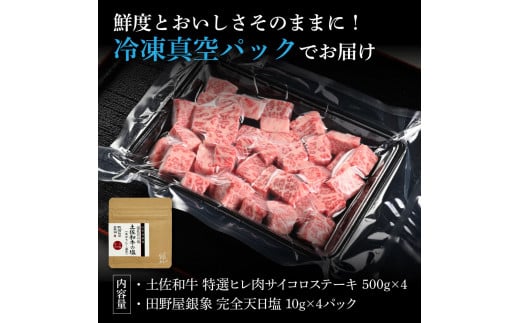 土佐和牛 特選ヒレ肉サイコロステーキ500g×4 田野屋銀象完全天日塩4P付き 2kg 2キロ 特選 長期熟成肉 田野屋銀象 完全天日塩付き ヒレ肉 ステーキ 肉 お肉 和牛 牛肉 国産 牛 熟成肉