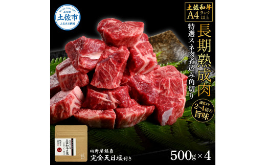 土佐和牛 特選スネ肉煮込み角切り500g×4 田野屋銀象完全天日塩4P付き 2kg  長期熟成肉