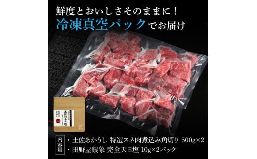 特選 スネ肉煮込み角切り 土佐あかうし 長期熟成肉 500g×2 合計1kg 田野屋銀象 完全天日塩付き