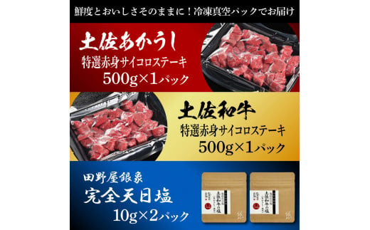 土佐あかうし＆土佐和牛2種食べ比べ 特選赤身サイコロステーキ500g 計2P 田野屋銀象完全天日塩2P付 牛肉 肉 お肉 和牛 国産 牛 赤身 ヒレ カルビ ロース ブロック サーロイン 熟成肉