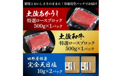 土佐あかうし＆土佐和牛2種食べ比べ 特選ロースブロック500g 計2P 田野屋銀象完全天日塩2P付 牛肉 肉 お肉 和牛 国産 牛 赤身 ヒレ カルビ ロース ブロック サーロイン 熟成肉