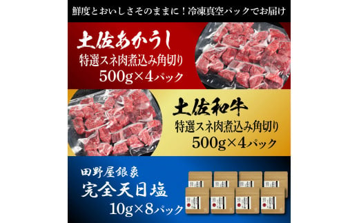 土佐あかうし＆土佐和牛2種食べ比べ 特選スネ肉煮込み角切り500g 計8P 田野屋銀象完全天日塩8P付 牛肉 肉 お肉 和牛 国産 牛 赤身 ヒレ カルビ ロース ブロック サーロイン 熟成肉