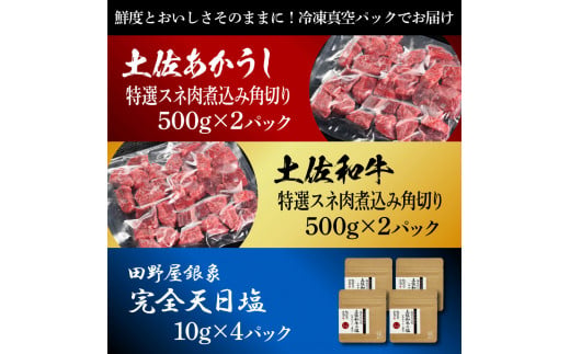 土佐あかうし＆土佐和牛2種食べ比べ 特選スネ肉煮込み角切り500g 計4P 田野屋銀象完全天日塩4P付