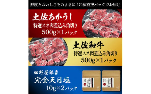 土佐あかうし＆土佐和牛2種食べ比べ 特選スネ肉煮込み角切り500g 計2P 田野屋銀象完全天日塩2P付