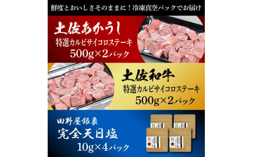 土佐あかうし＆土佐和牛2種食べ比べ 特選カルビサイコロステーキ500g 計4P 田野屋銀象完全天日塩4P付 牛肉 肉 お肉 和牛 国産 牛 赤身 ヒレ カルビ ロース ブロック サーロイン 熟成肉