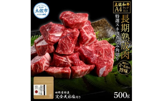 土佐和牛 特選スネ肉煮込み角切り500g 田野屋銀象完全天日塩1P付き 長期熟成肉 田野屋銀象 完全天日塩付き スネ肉 煮込み 角切り 肉 お肉 和牛 牛肉 国産 牛 熟成肉 豪華