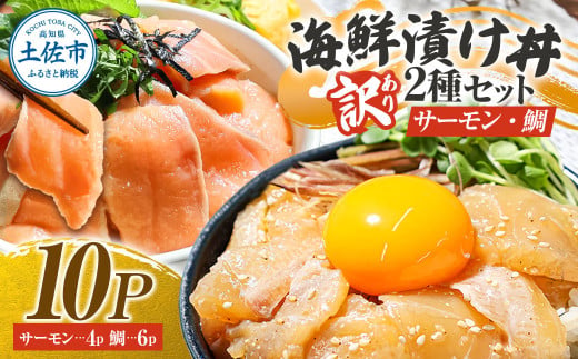 訳あり 海鮮漬け丼 タイ6P・サーモン4Pセット 1袋60g 真鯛 タイ サーモン 詰め合わせ お茶漬け 醤油 漬け 鯛茶漬け 魚介類 海鮮 新鮮 天然 美味しい 活き締め 冷凍 配送