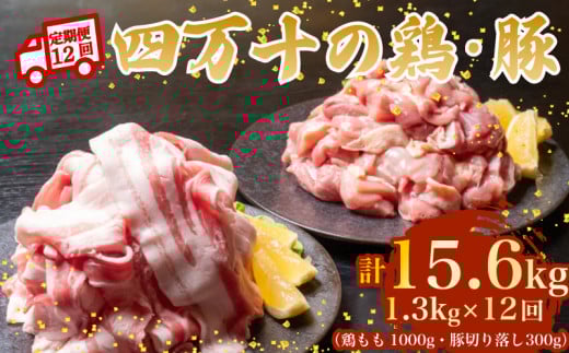 【12ヶ月連続】四万十ブランド 鶏肉1kg 豚肉300g（計1.3kg×12回) 15.6kg 12回定期便 6Aコース｜ 四万十ポークスライス 四万十ポーク 豚バラ肉 小分け 小間切れ スライス 切り落とし 冷凍 真空パック 細切れ 切身 カット 一口大 カット済み  四万十鶏 鳥肉 とりにく 鶏もも 国産 ブランド 唐揚げ 煮物 鍋 チキン 高知県 須崎市 TM133000