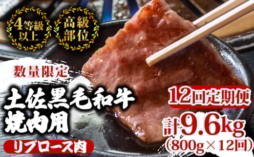 【定期便12回】土佐 黒毛 和牛 焼肉用 計9.6kg（800g×12ヶ月連続お届け) 4Tコース | 特撰 リブロース ロース 最上位等級 A4 A5 最高ランク 贅沢 焼き肉 やきにく 小分け 冷凍 国産 ブランド 和牛 牛肉 大人気 ギフト リピート おすすめ ランキング おいしい 限定 高評価 BBQ バーベキュー キャンプ アウトドア 高知県 須崎 TM100000