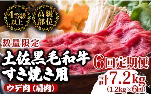 【定期便6回】土佐黒毛和牛ウデ肉すき焼き用 計7.2kg（1.2g×6ヶ月連続お届け)  3Mコース | 特撰 ウデ肉 肩肉 最上位等級 A4 A5 最高ランク 贅沢 すきやき スキヤキ用 鍋 焼肉用 小分け 冷凍 国産 牛肉 高知県 須崎 TM67000