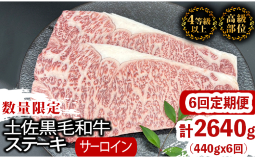 【定期便6回】土佐黒毛和牛サーロインステーキ 計2.64kg（440g×6ヶ月連続お届け) 2Sコース | 特撰 サーロイン肉 最上位等級 A4 A5 最高 ランク 贅沢 厚切り ステーキ用 焼肉用 キャンプ飯 国産 牛肉 高知県 須崎市 TM47000