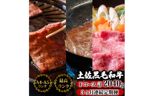 【3回定期便】土佐黒毛和牛 食べ比べ 2040g (計2kg以上) | Fコース 厳選 国産 和牛 すき焼き しゃぶしゃぶ ステーキ 焼き肉 お肉 にく 霜降り 牛肉 ウデ肉 うで肉 モモ肉 もも肉 サーロイン 人気 贈答 ギフト プレゼント 小分け 数量限定 3ヵ月 頒布会 老舗 たけうちミート 高知県 須崎市 TM8000