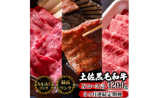 【3回定期便】土佐黒毛和牛 食べ比べ 3200g (計3kg以上) | Nコース 厳選 国産 和牛 すき焼き しゃぶしゃぶ 焼き肉 お肉 にく 霜降り 牛肉 ウデ肉 うで肉 もも肉 モモ肉 リブロース 人気 贈答 ギフト プレゼント 小分け 数量限定 3ヵ月 頒布会 老舗 たけうちミート 高知県 須崎市 TM16000