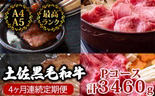 【4回定期便】土佐黒毛和牛 食べ比べ 3460g (計3kg以上) | Pコース 厳選 国産 和牛 すき焼き しゃぶしゃぶ ステーキ 焼き肉 お肉 にく 霜降り 牛肉 ウデ肉 うで肉 モモ肉 もも肉 サーロイン リブロース 人気 贈答 ギフト プレゼント 小分け 数量限定 4ヵ月 頒布会 老舗 たけうちミート 高知県 須崎市 TM18000