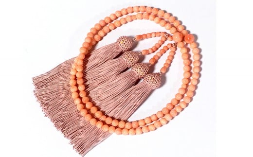 ピンク珊瑚使用 108珠本連数珠 房正絹灰桜 TP049