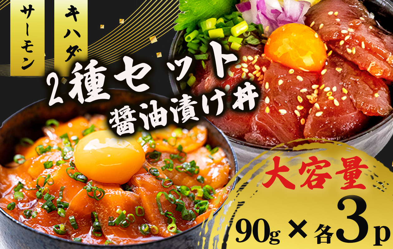 2種 醤油 漬け丼 90g×各3パック サーモン キハダマグロ 鮪 まぐろ 鮭 さけ 切り身 特製 づけ丼 丼 海鮮丼 刺し身 刺身 切身 手軽 便利 ご飯のお供 簡単調理 時短 海鮮 魚介 惣菜 冷凍 小分け 大容量 ふるさと納税 人気 ふるさと納税漬け丼 ふるさと納税海鮮丼