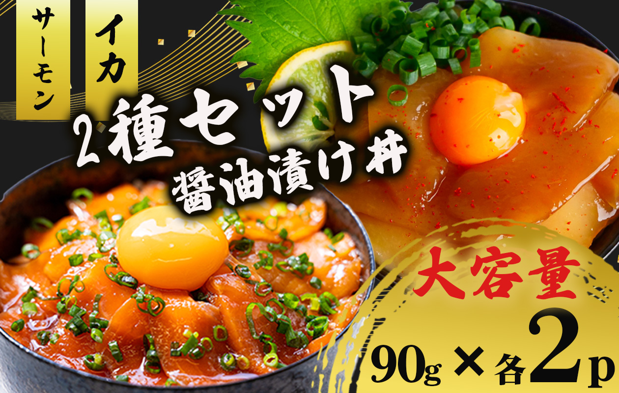 2種 醤油 漬け丼 90g×各2パック サーモン イカ 烏賊 鮭 さけ しゃけ 切り身 特製 づけ丼 丼 海鮮丼 刺し身 刺身 切身 手軽 便利 ご飯のお供 簡単調理 時短 海鮮 魚介 惣菜 冷凍 小分け 大容量 ふるさと納税 人気 ふるさと納税漬け丼 ふるさと納税海鮮丼
