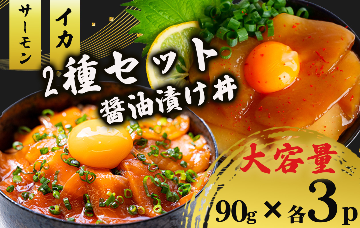 2種 醤油 漬け丼 90g×各3パック サーモン イカ 鮭 シャケ 烏賊 切り身 特製 づけ丼 丼 海鮮丼 刺し身 刺身 切身 手軽 便利 ご飯のお供 簡単調理 時短 海鮮 魚介 惣菜 冷凍 小分け 大容量 ふるさと納税 人気 ふるさと納税漬け丼 ふるさと納税海鮮丼