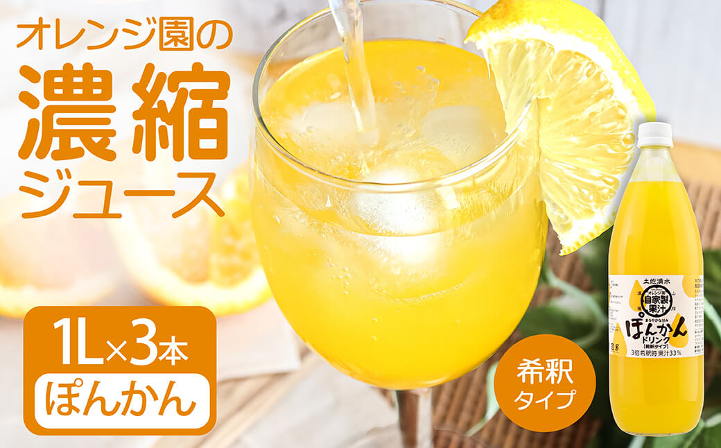 オレンジ園の濃縮ジュース ぽんかん 1L 3本 希釈用 みかんジュース チューハイ用 ドリンク ジュース 柑橘類 蜜柑 みかん【R01123】