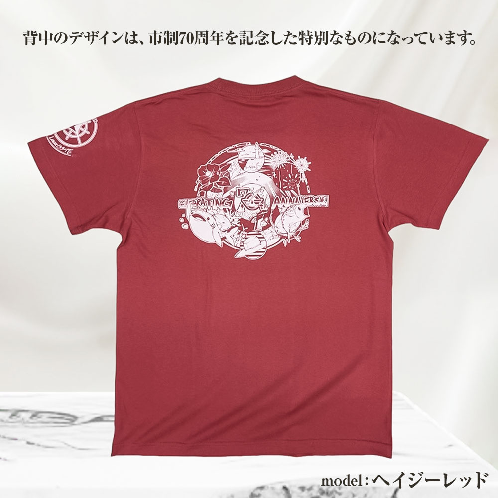 市制70周年記念デザインTシャツ（インディゴ・綿100％）男女兼用サイズ サバT 半袖 トップス スポーツ用品 2024年 デザイン サバT【R01054】