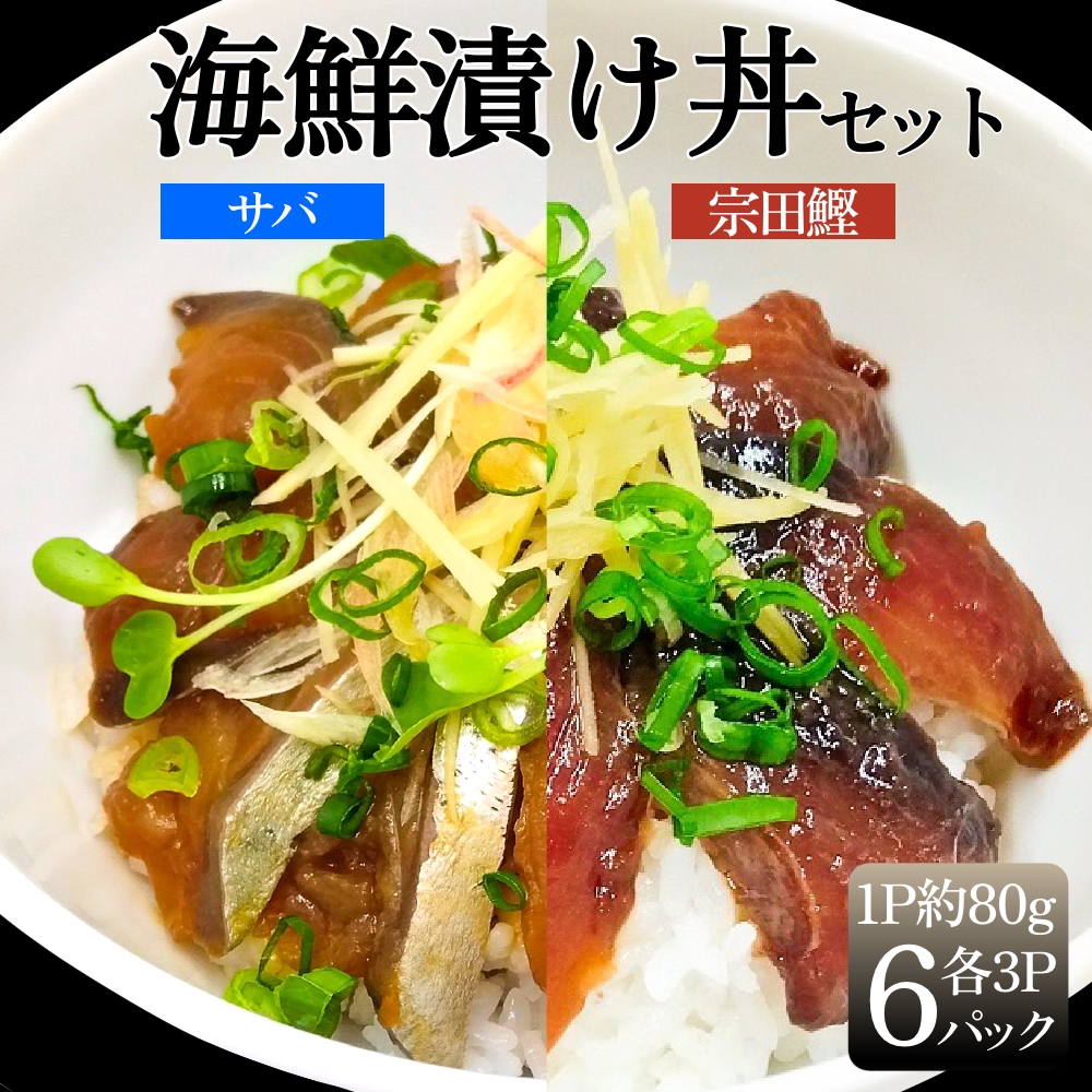 海鮮漬け丼６パック 2魚種 サバ＆メジカ（宗田カツオ） 約80g×各３パック 総量約480g 海鮮丼 冷凍 惣菜 寿司ネタ 鰹 宗田鰹 マルソウダ さば おつまみ おかず おいしい【R00894】