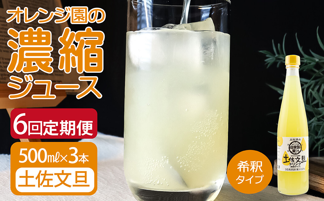 オレンジ園の濃縮ジュース 土佐文旦 500ml 3本 6回定期便 希釈用 みかんジュース チューハイ用 ドリンク ジュース 柑橘類 蜜柑 みかん【J00114】