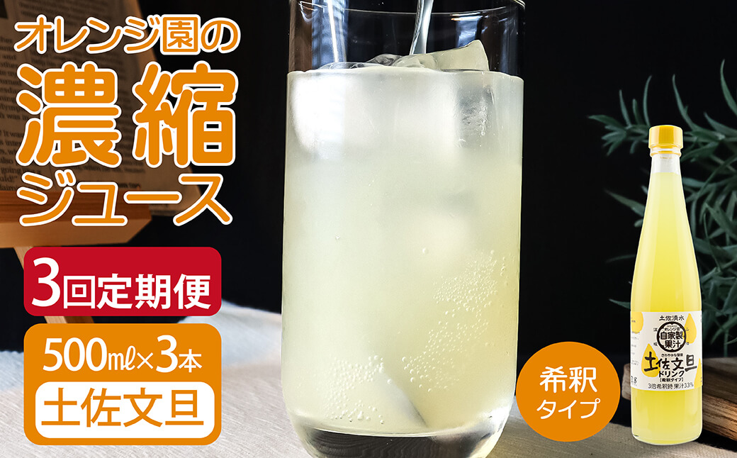 オレンジ園の濃縮ジュース 土佐文旦 500ml 3本 3回定期便 希釈用 みかんジュース チューハイ用 ドリンク ジュース 柑橘類 蜜柑 みかん【J00108】