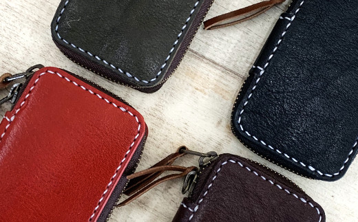 R5-750．スマートキーや名刺も収納できる・手縫いの本革「キーケース4連（ファスナー付き）」【カラー：4色よりお選びください】