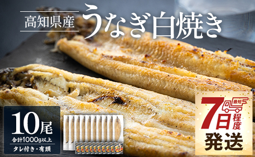 【7日程度で発送】蒲焼きタレ付き うなぎ 白焼き 1kg以上 10尾×100～120g 最短7日程度で発送 yw-0082