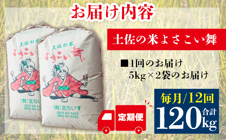 【12ヵ月定期便】 よさこい舞（毎月) 10kg 合計120kg - 令和6年 2024年 送料無料 こしひかり お米 おこめ コメ 美味しい おいしい 白米 ご飯 ごはん ライス のし 高知県 香南市 Wkr-0051