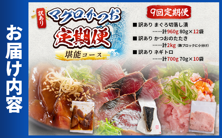 【9回定期便】マグロ かつお堪能定期便 - 訳あり マグロ 鮪 カツオ 鰹 漬けマグロ たたき ネギトロ 配送回数 定期便 小分け 海鮮 魚介 冷凍食品 加工品 海鮮丼 刺身 株式会社大熊 高知県 香南市 冷凍 Wda-0057