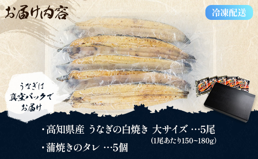 高知県産 うなぎの白焼き 大サイズ 5尾（合計750g以上）タレ付き - 送料無料 鰻 ウナギ 晩ご飯 夕飯 おかず 魚 肴 おつまみ 国産 贈答用 贈り物 吉川水産 高知県 香南市 yw-0124