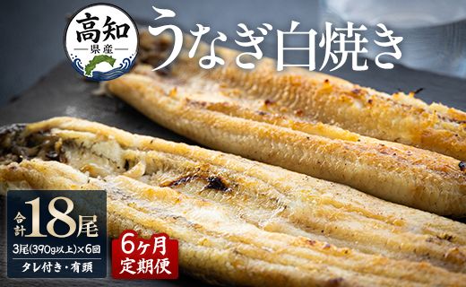 【6ヶ月定期便】高知県産うなぎの白焼き 合計18尾 (3尾390g以上×6回) タレ付き エコ包装 - 鰻 ウナギ しらやき 有頭 つまみ ご飯のお供 ごはん 丼 たれ 簡易 Wyw-0070