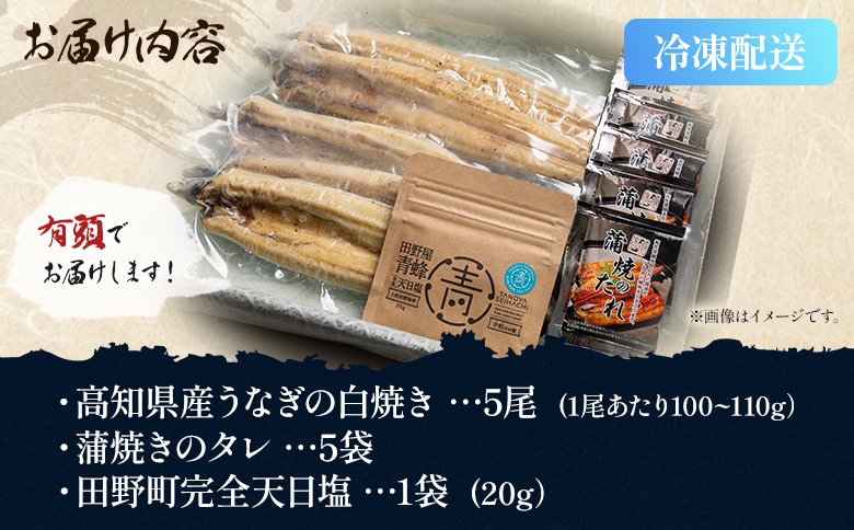 国産うなぎ 高知県産 白焼き 5尾(100～110g×5尾) 合計500g以上 田野町完全天日塩 20g付き - 鰻 ウナギ 有頭 つまみ 蒲焼きのたれ タレ付き ご飯のお供 黒箱 老舗 国産 吉川水産 高知県 香南市 冷凍 yw-0086